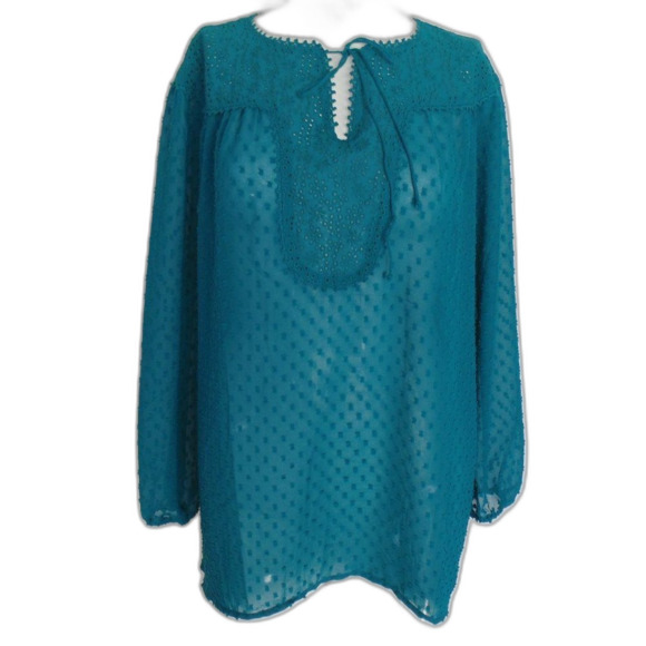 MATILDA JANE Tunic, L, Teal, Swiss Dots, Eyelet Yoke, Long sleeves, Tie neck - Picture 10 of 15